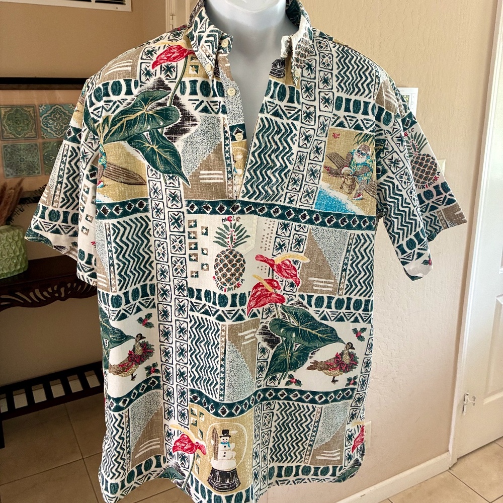 Reyn Spooner Reverse Weave Mele Kalikimaka Xmas Santa Hawaiian Shirt 4-Button L